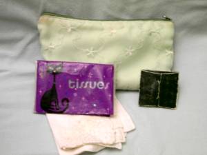 Makeup bag, handkerchief, tissues, sewing kit